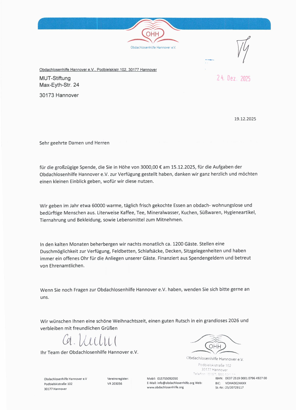 251219-Obdachlosenhilfe Schreiben Obdachlosenhilfe Hannover